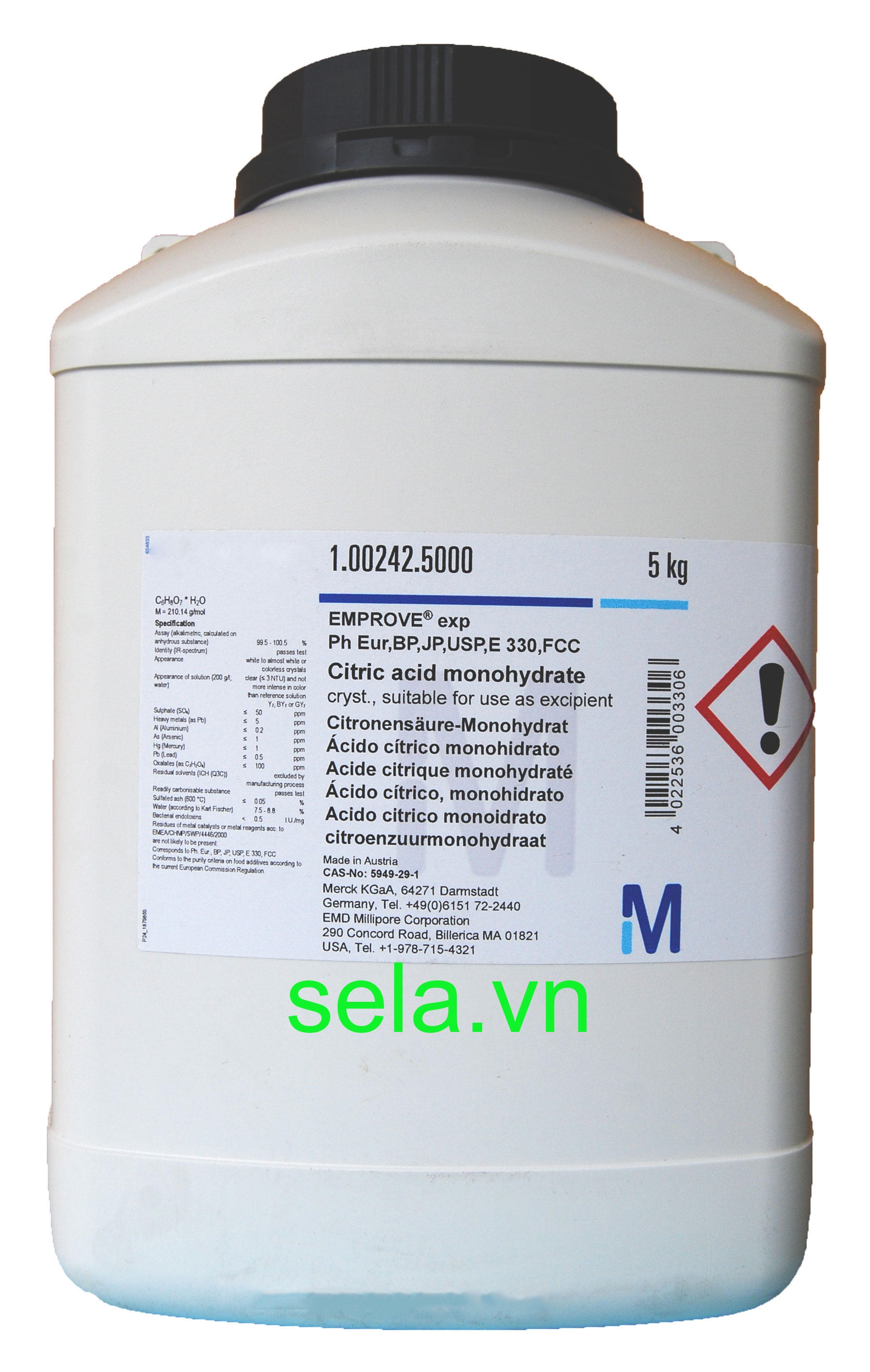 Citric acid monohydrate cryst., suitable for use as excipient EMPROVE® exp Ph Eur,BP,JP,USP,E 330,FCC