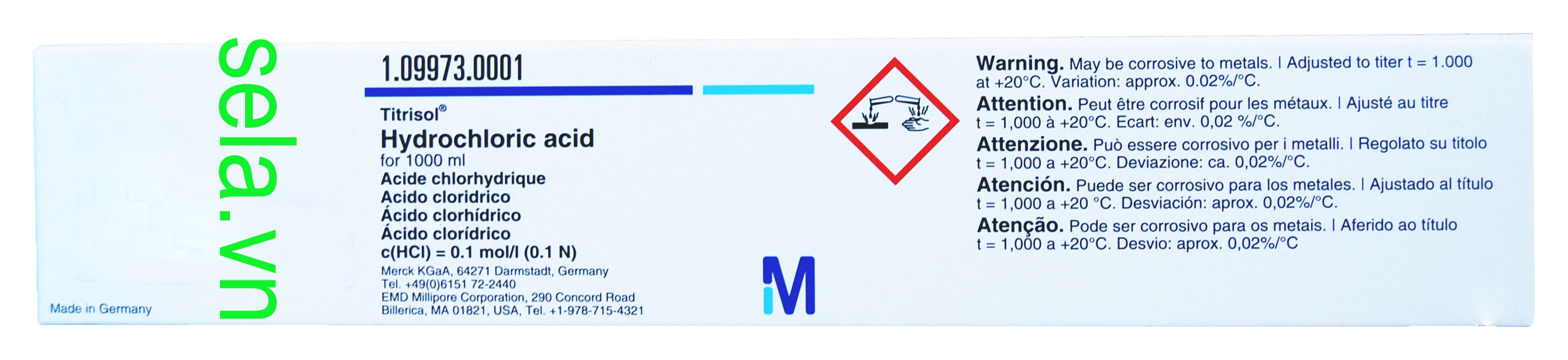 Hydrochloric acid for 1000 ml, c(HCl) = 0.1 mol/l (0.1 N) Titrisol®