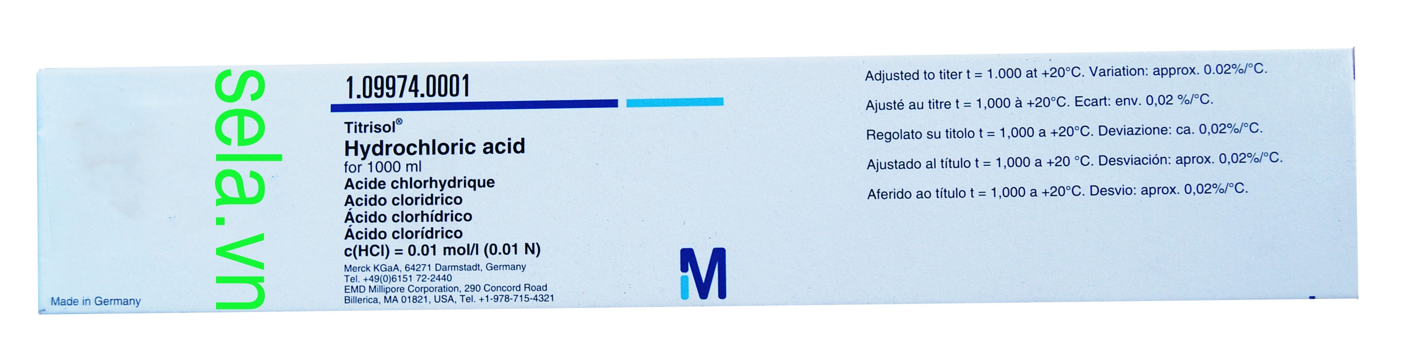 Hydrochloric acid for 1000 ml, c(HCl) = 0.01 mol/l (0.01 N) Titrisol®