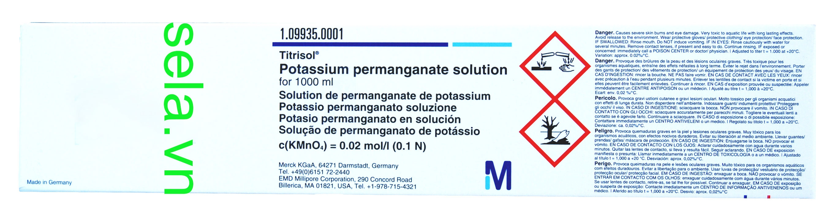 Potassium permanganate solution for 1000 ml, c(KMnO₄) = 0.02 mol/l (0.1 N) Titrisol®
