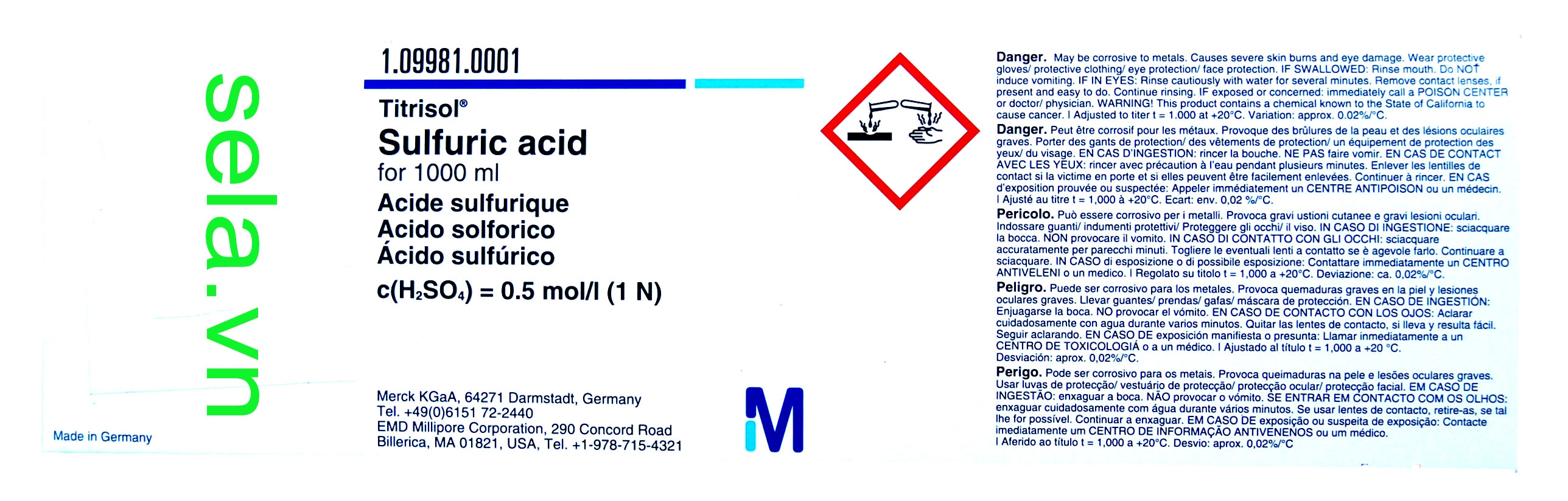Sulfuric acid for 1000 ml, c(H₂SO₄) = 0.5 mol/l (1 N) Titrisol®